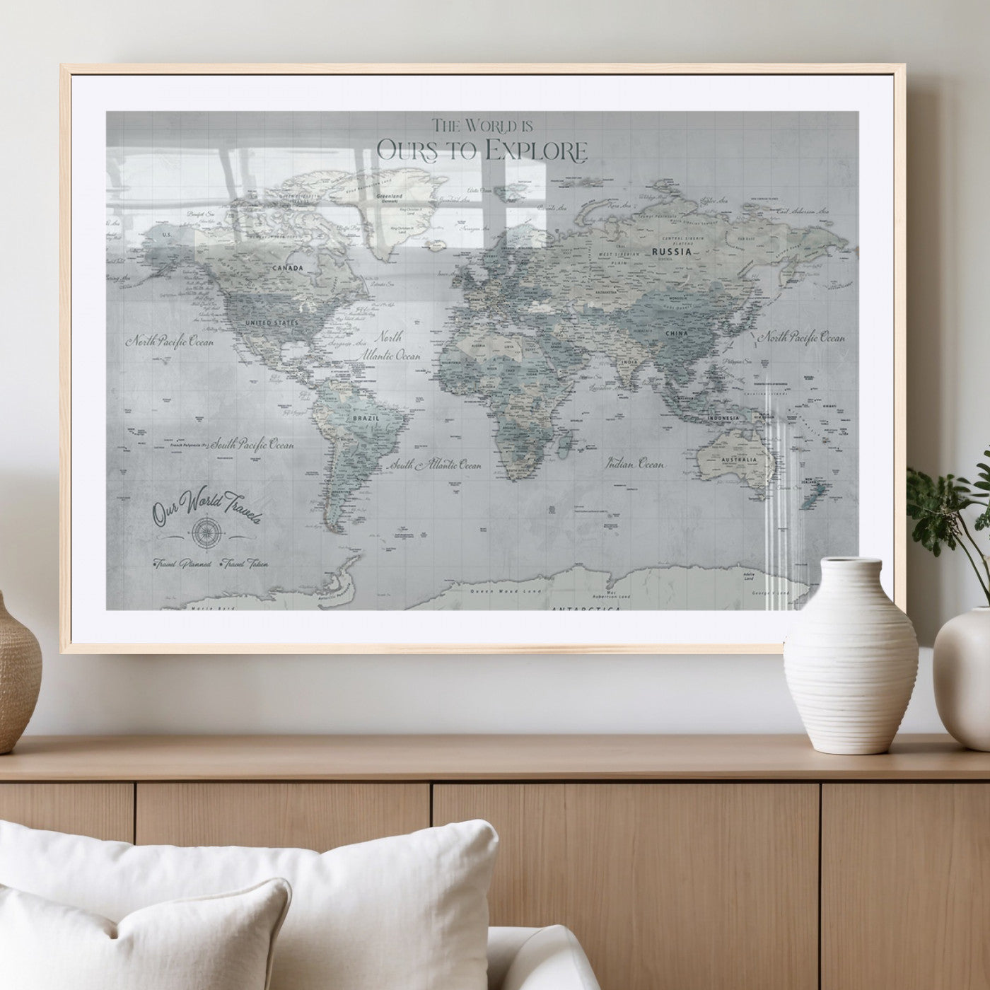Custom Push Pin World Map Wall Canvas Print – Personalized Travel Tracker with Pins – Framed Custom Quotie Canvas for Home Office Decor