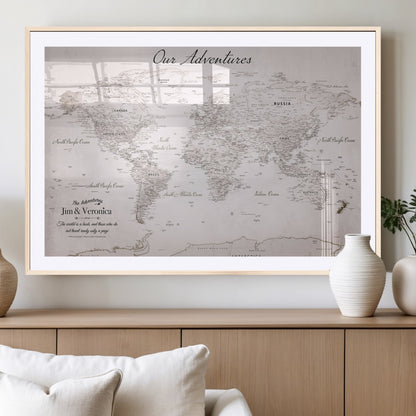 Customize Push Pin World Map Wall Canvas Print – Personalized Travel Map with Foam Pins – Framed Custom Quotie Canvas for Home Office Decor