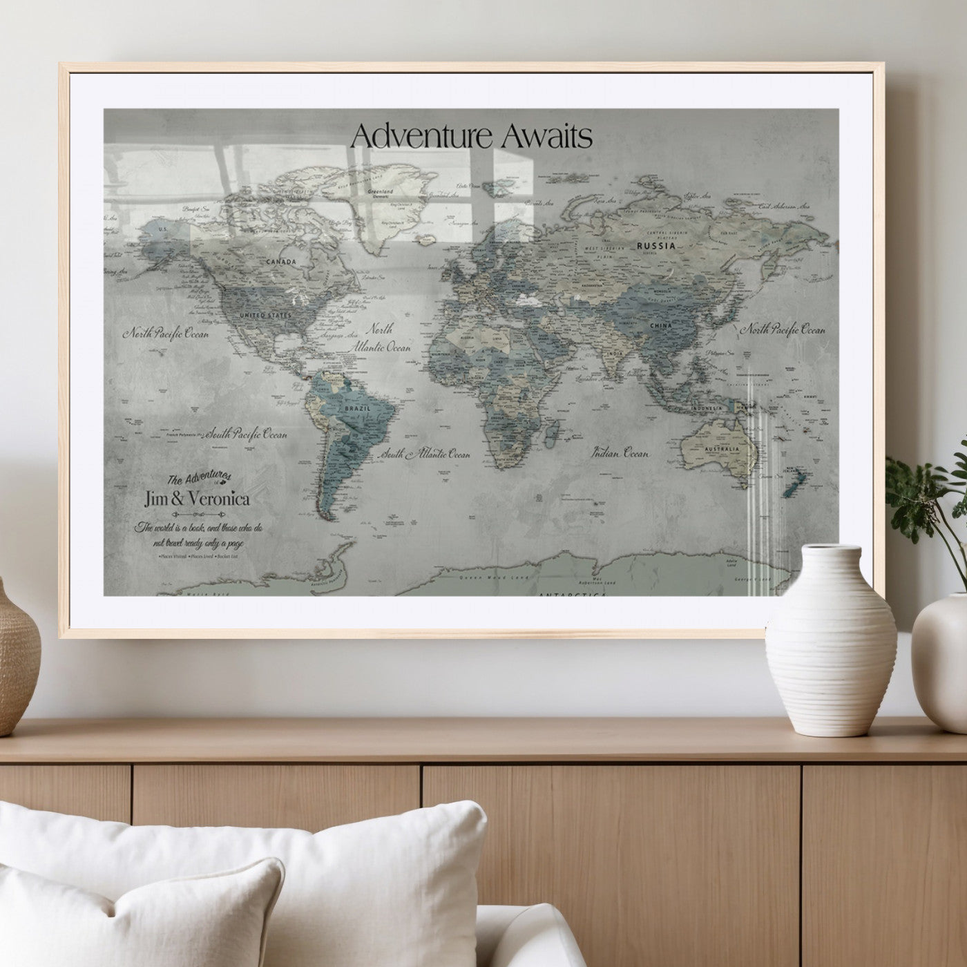 Customize Push Pin World Map Wall Canvas Print – Personalized Travel Tracker with Pins – Framed Custom Quotie Canvas for Home Office Decor
