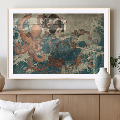 Tsukioka Yoshitoshi Samurai Wall Art Print, Japanese Katana Warrior Canvas Wall Art, Octopus Sea Monster Canvas Print,
