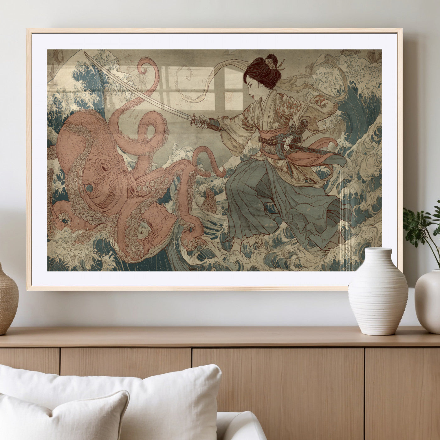 Tsukioka Yoshitoshi Samurai Wall Art Print, Japanese Katana Warrior Canvas Wall Art, Octopus Sea Monster Canvas Print,