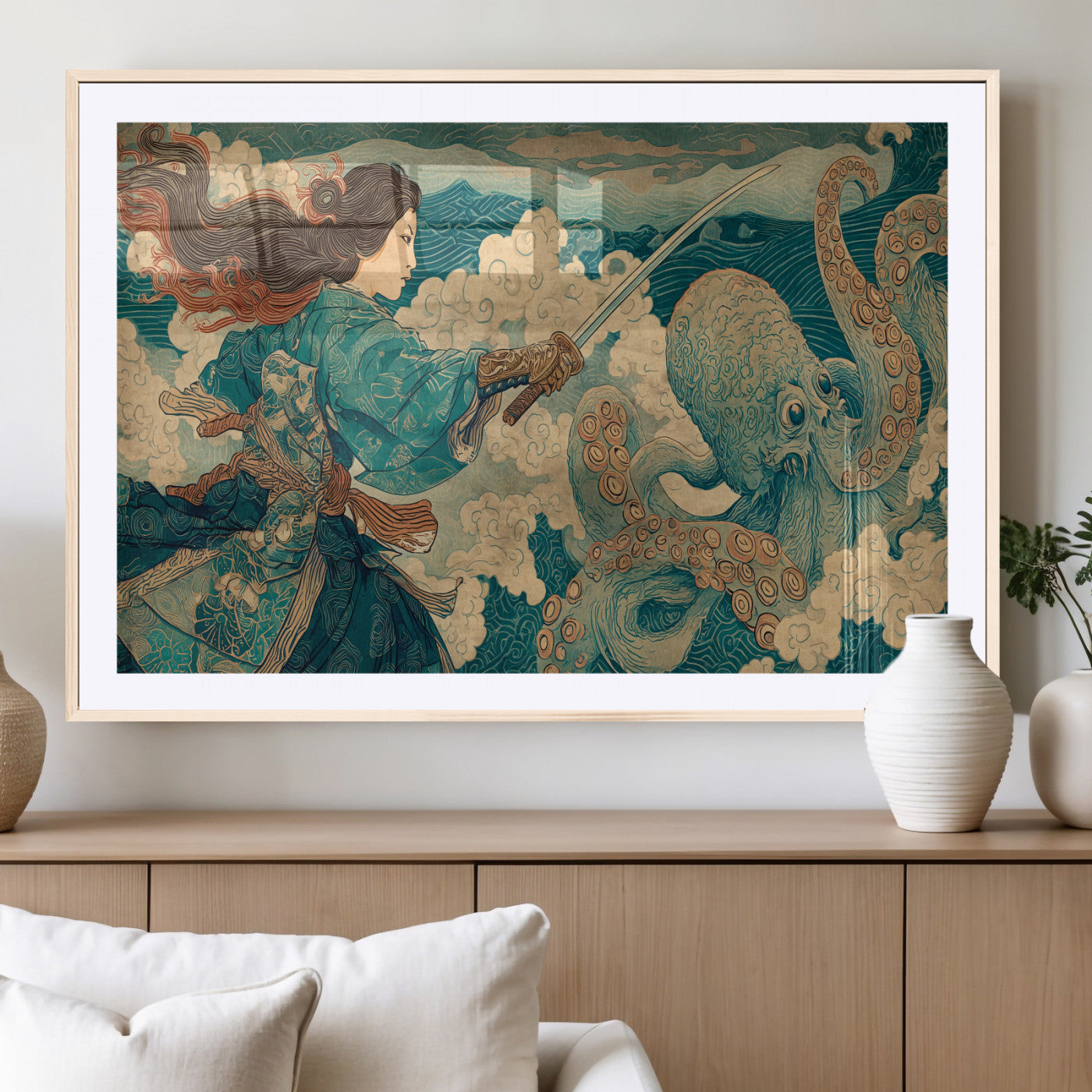 Tsukioka Yoshitoshi Samurai Wall Art Print, Japanese Katana Warrior Canvas Wall Art, Octopus Sea Monster Canvas Print,