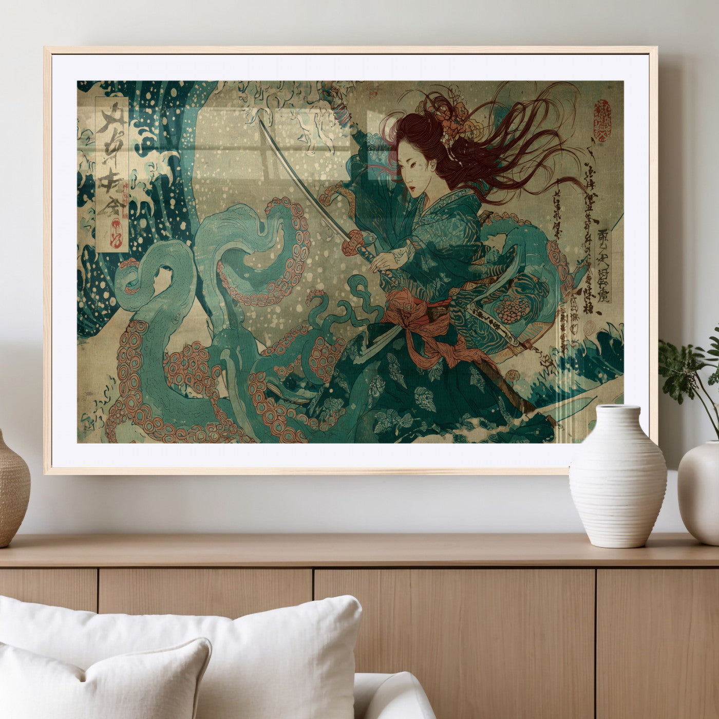 Tsukioka Yoshitoshi Samurai Wall Art Print, Japanese Katana Warrior Canvas Wall Art, Octopus Sea Monster Canvas Print,