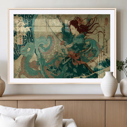 Tsukioka Yoshitoshi Samurai Wall Art Print, Japanese Katana Warrior Canvas Wall Art, Octopus Sea Monster Canvas Print,