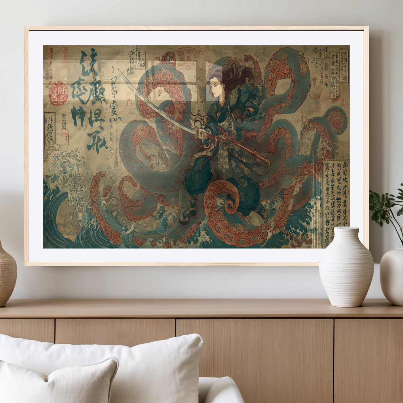 Tsukioka Yoshitoshi Samurai Wall Art Print, Japanese Katana Warrior Canvas Wall Art, Octopus Sea Monster Canvas Print,