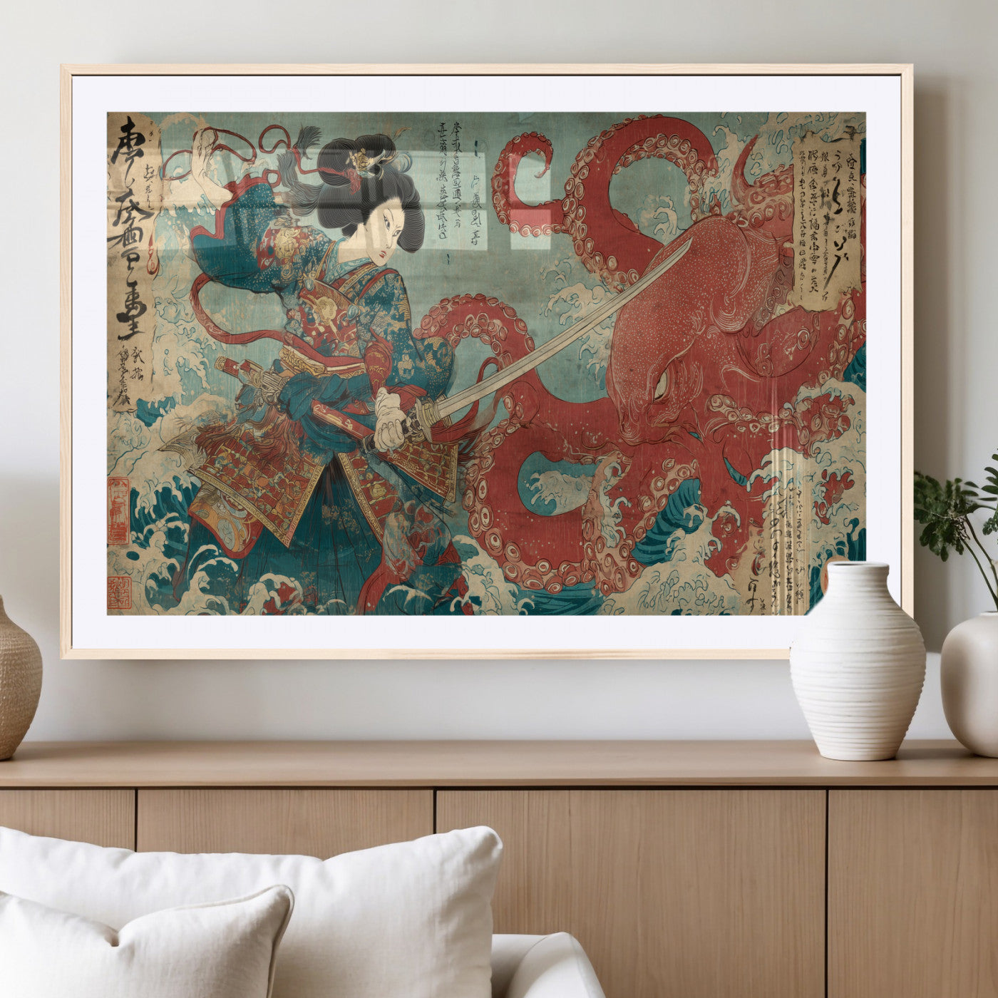 Tsukioka Yoshitoshi Samurai Wall Art Print, Japanese Katana Warrior Canvas Wall Art, Octopus Sea Monster Canvas Print,