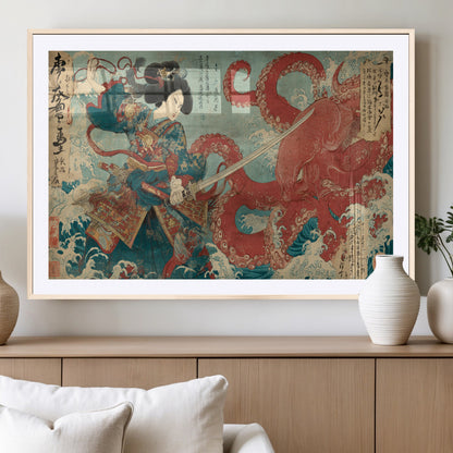 Tsukioka Yoshitoshi Samurai Wall Art Print, Japanese Katana Warrior Canvas Wall Art, Octopus Sea Monster Canvas Print,