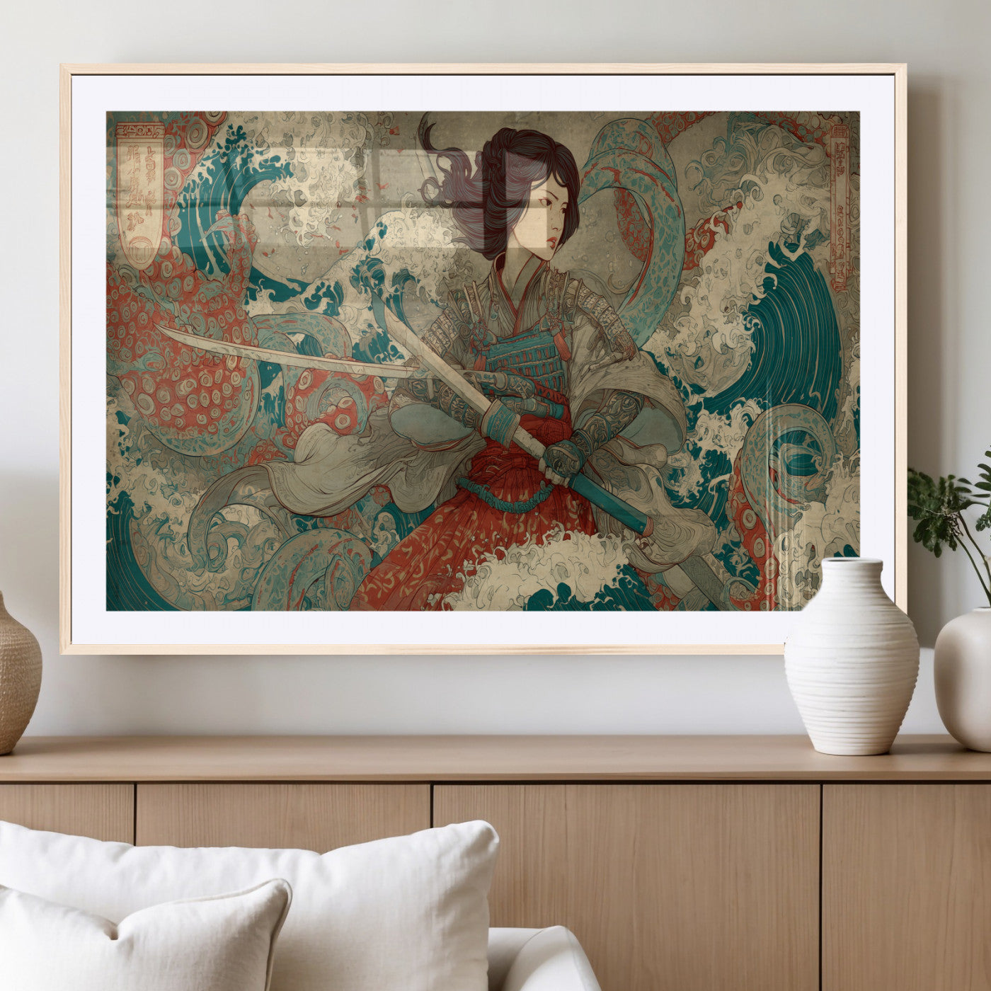 Tsukioka Yoshitoshi Samurai Wall Art Print, Japanese Katana Warrior Canvas Wall Art, Octopus Sea Monster Canvas Print,