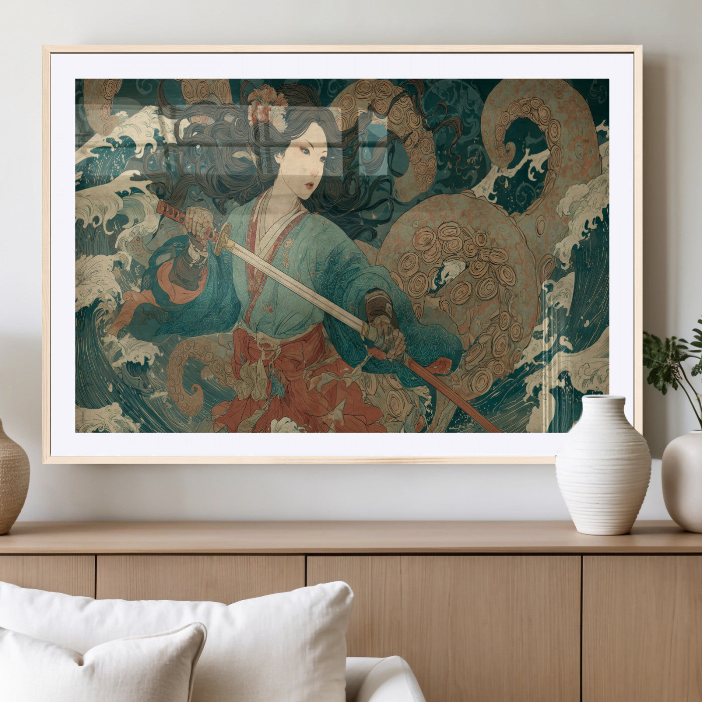 Tsukioka Yoshitoshi Samurai Wall Art Print, Japanese Katana Warrior Canvas Wall Art, Octopus Sea Monster Canvas Print,