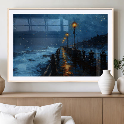 "Impressionistic painting of a rainy pier at night with glowing street lamps reflecting on the wet surface, ocean waves crashing under a dark blue sky."