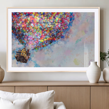 Whimsical canvas of the house from the movie Up flying with colorful balloons, ideal for Pixar or animation-themed decor.