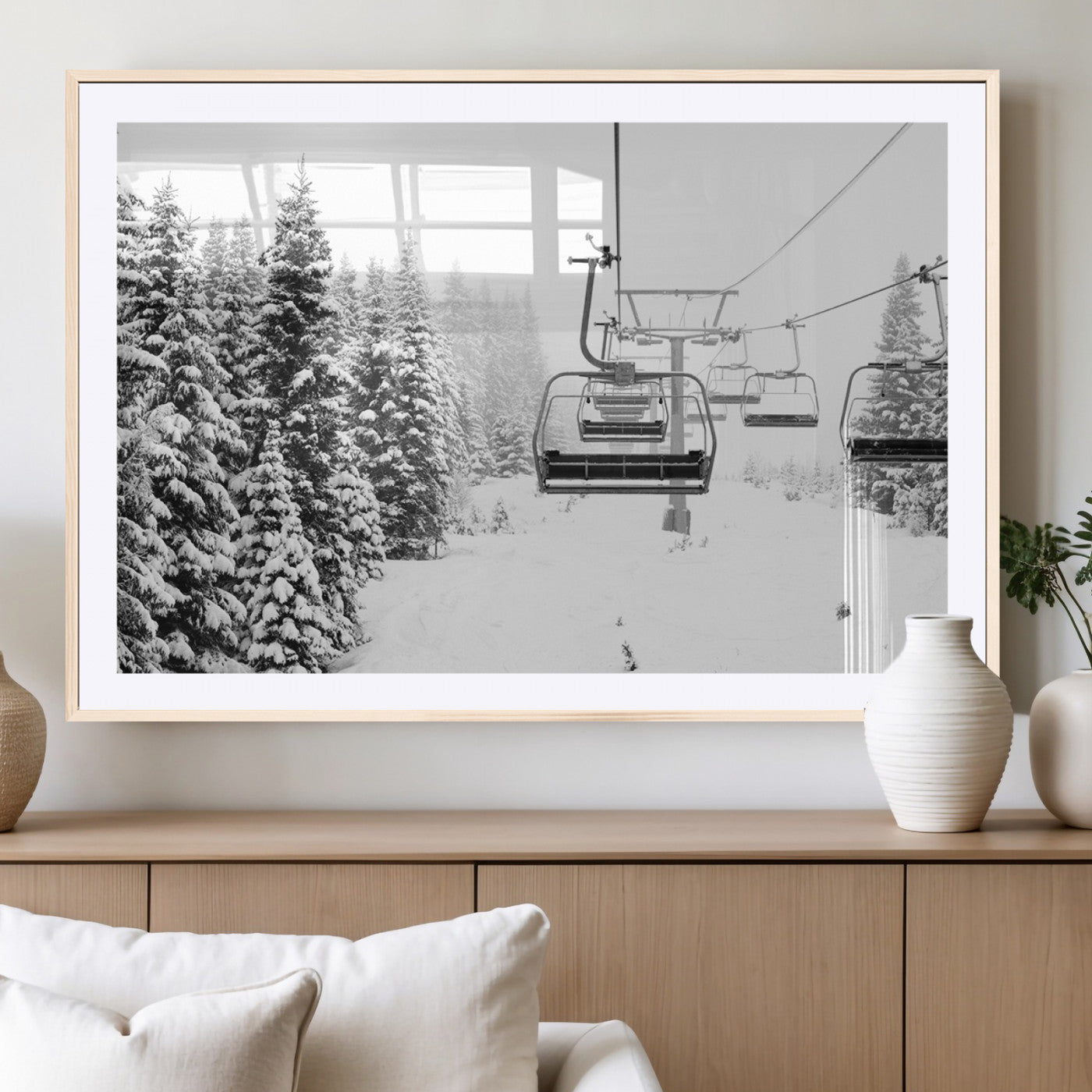 Black and white canvas of empty ski lifts over a snowy pine forest, perfect for minimal winter or ski lodge-inspired decor.