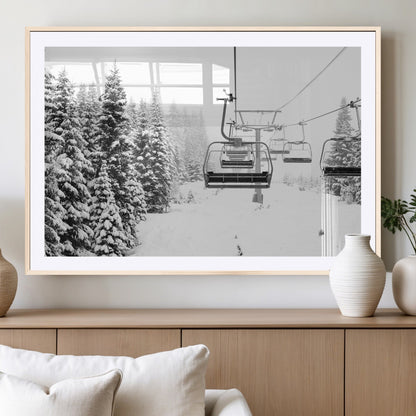 Black and white canvas of empty ski lifts over a snowy pine forest, perfect for minimal winter or ski lodge-inspired decor.