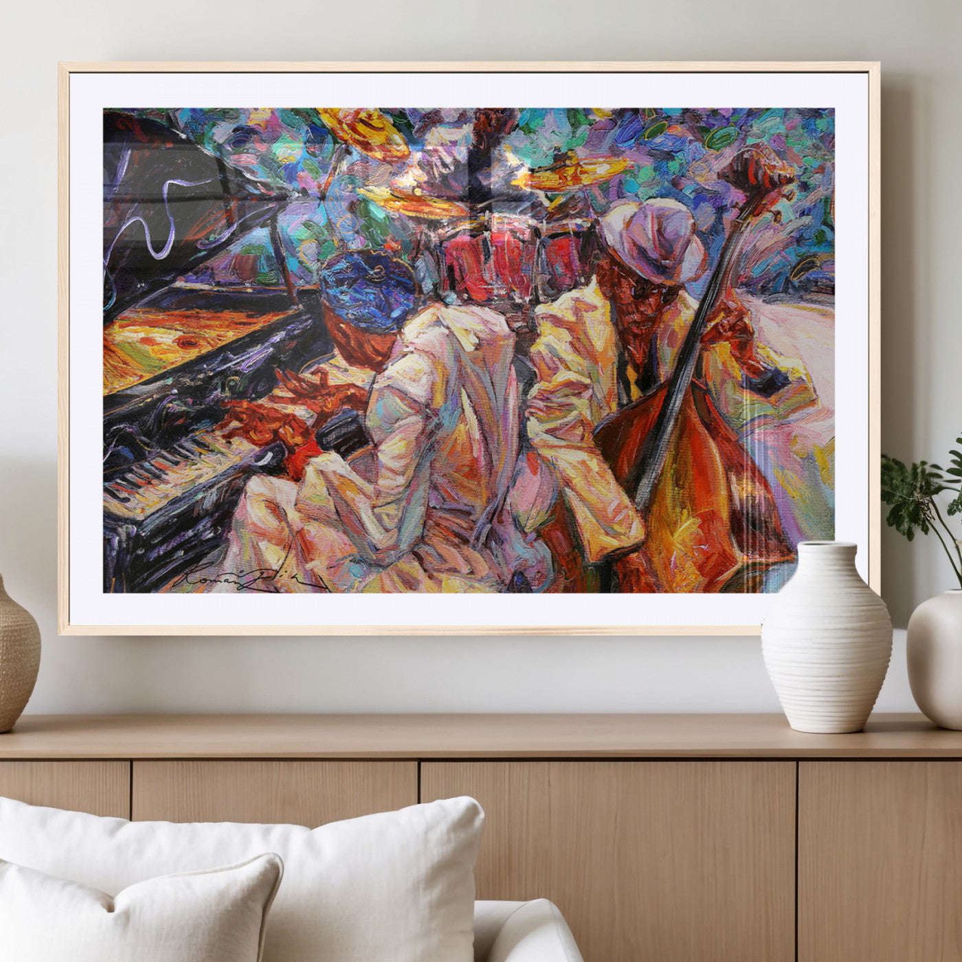 Vibrant oil painting of a jazz band with piano, saxophone, and bass, ideal for colorful and expressive music-themed home decor.