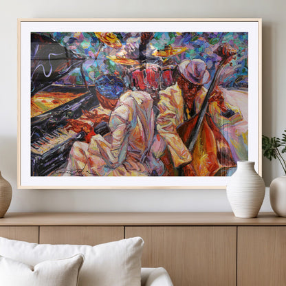 Vibrant oil painting of a jazz band with piano, saxophone, and bass, ideal for colorful and expressive music-themed home decor.