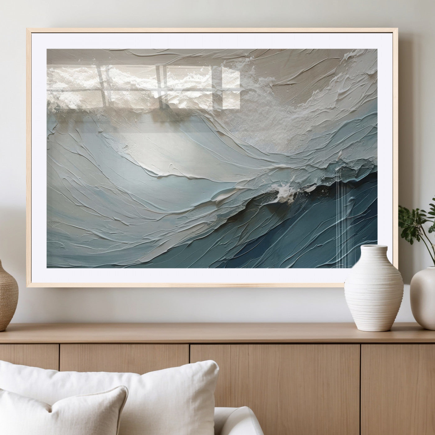 Textured canvas of ocean waves in soft coastal blues and creamy whites, ideal for modern or minimalist coastal-style interiors.