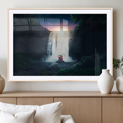 Romantic scene of Stitch and Angel sitting under a leaf in front of a glowing waterfall, ideal for tropical or fantasy-themed decor.