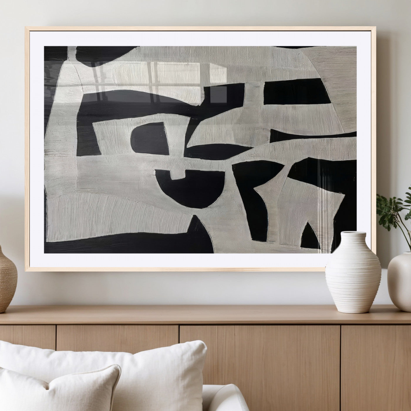 Minimalist black and white canvas featuring bold abstract textures and geometric shapes, ideal for modern neutral decor.