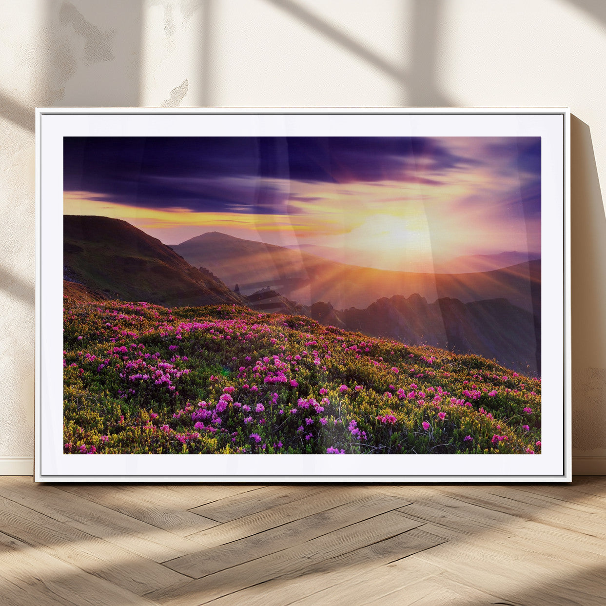 -Mountain Sunrise Wall Art – Vibrant Floral Landscape Canvas Print, Nature Home Decor for Living Room, Bedroom Office or Cabin