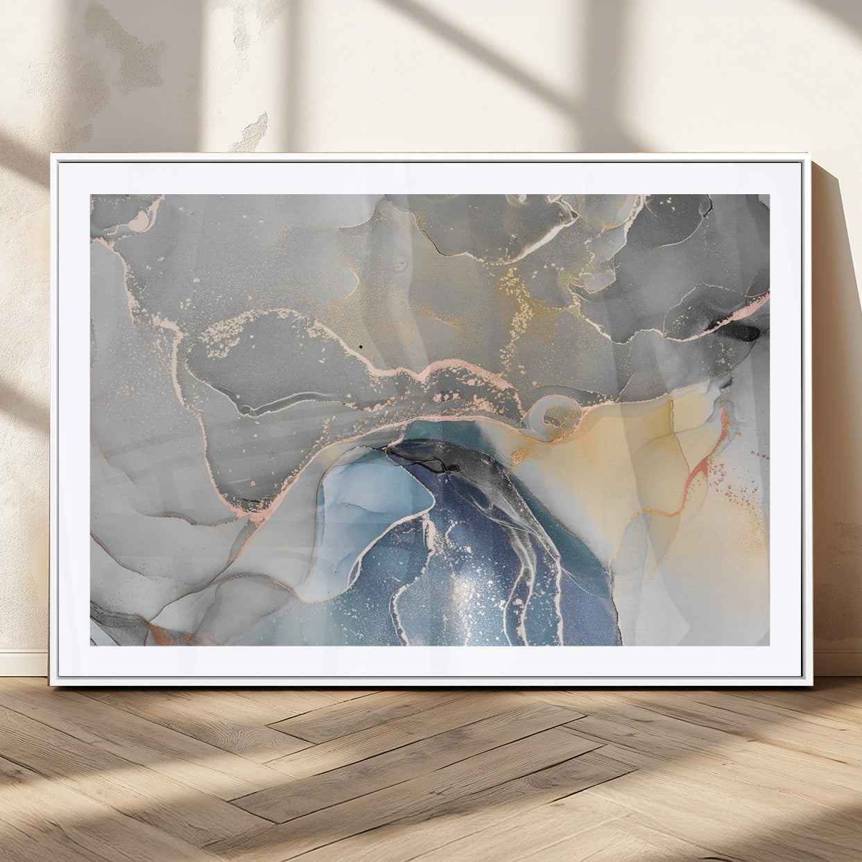 63211-MGC-FP-36x24_White-Abstract Fluid Art Wall Decor – Blue, Gray & Gold Canvas Print, Modern Home and Office Wall Art Decor for Living Room, Bedroom or Workspace