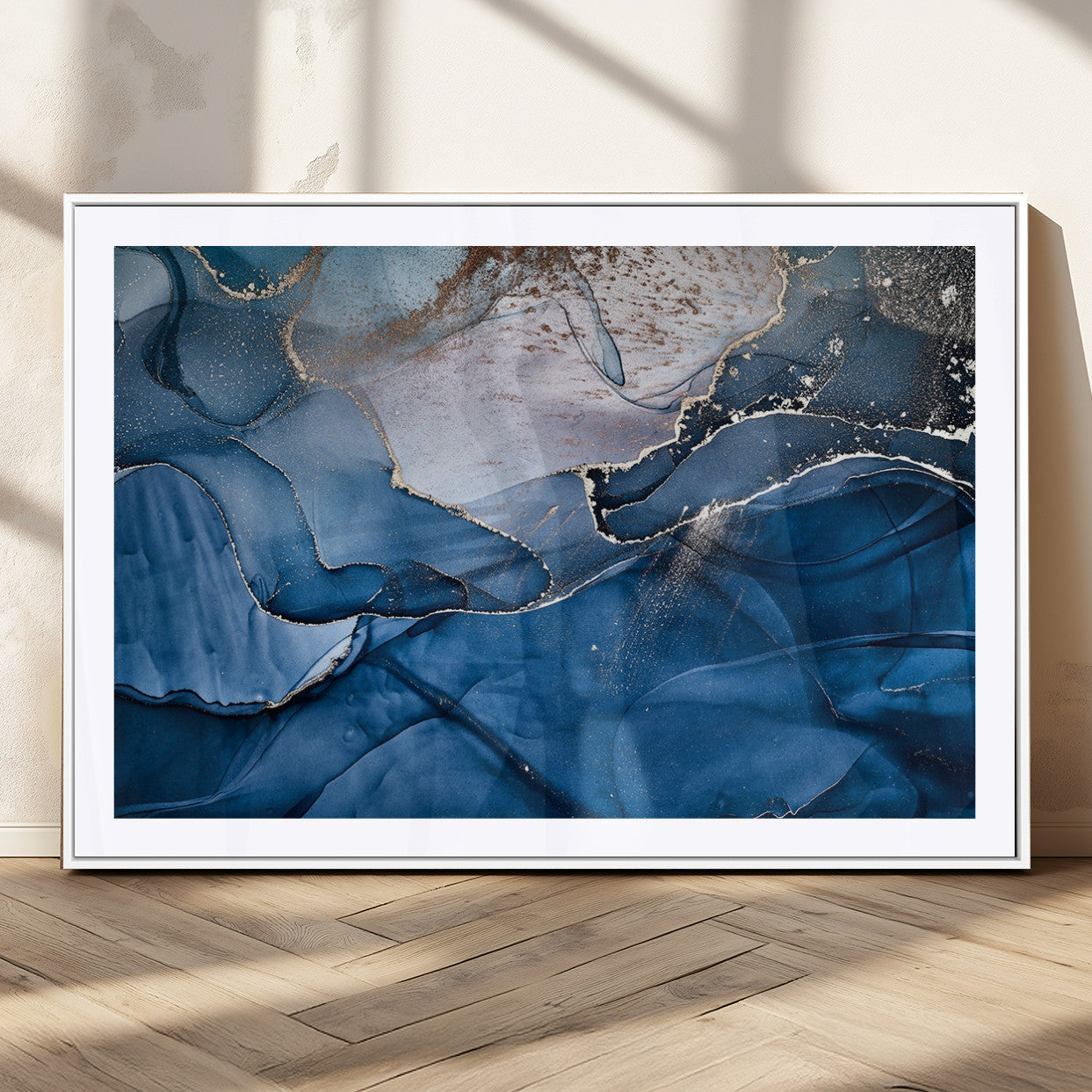 27810-MGC-FP-36x24_White-Abstract Blue Gold Fluid Art Wall Decor – Modern Canvas Print, Elegant Home & Office Wall Art, Stylish Living Room or Bedroom Decoration