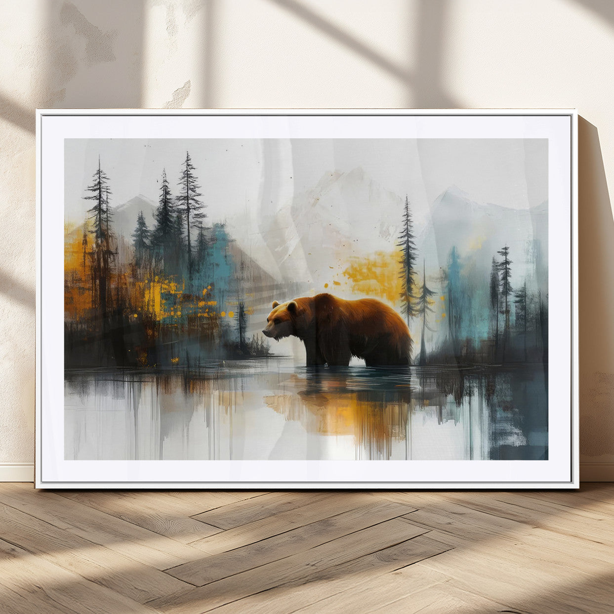 A majestic bear stands by the serene waters of a misty forest, surrounded by towering trees and distant mountains, evoking the raw beauty and wild spirit of nature.