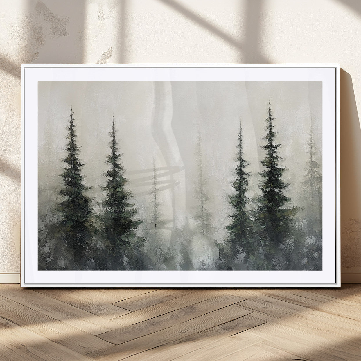 Soft and misty pine forest painting in neutral earthy tones, ideal for calm woodland or minimalist rustic home decor.
