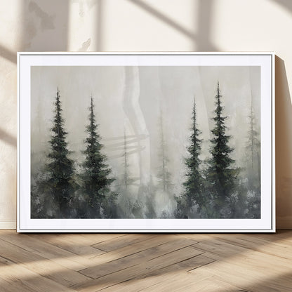 Soft and misty pine forest painting in neutral earthy tones, ideal for calm woodland or minimalist rustic home decor.