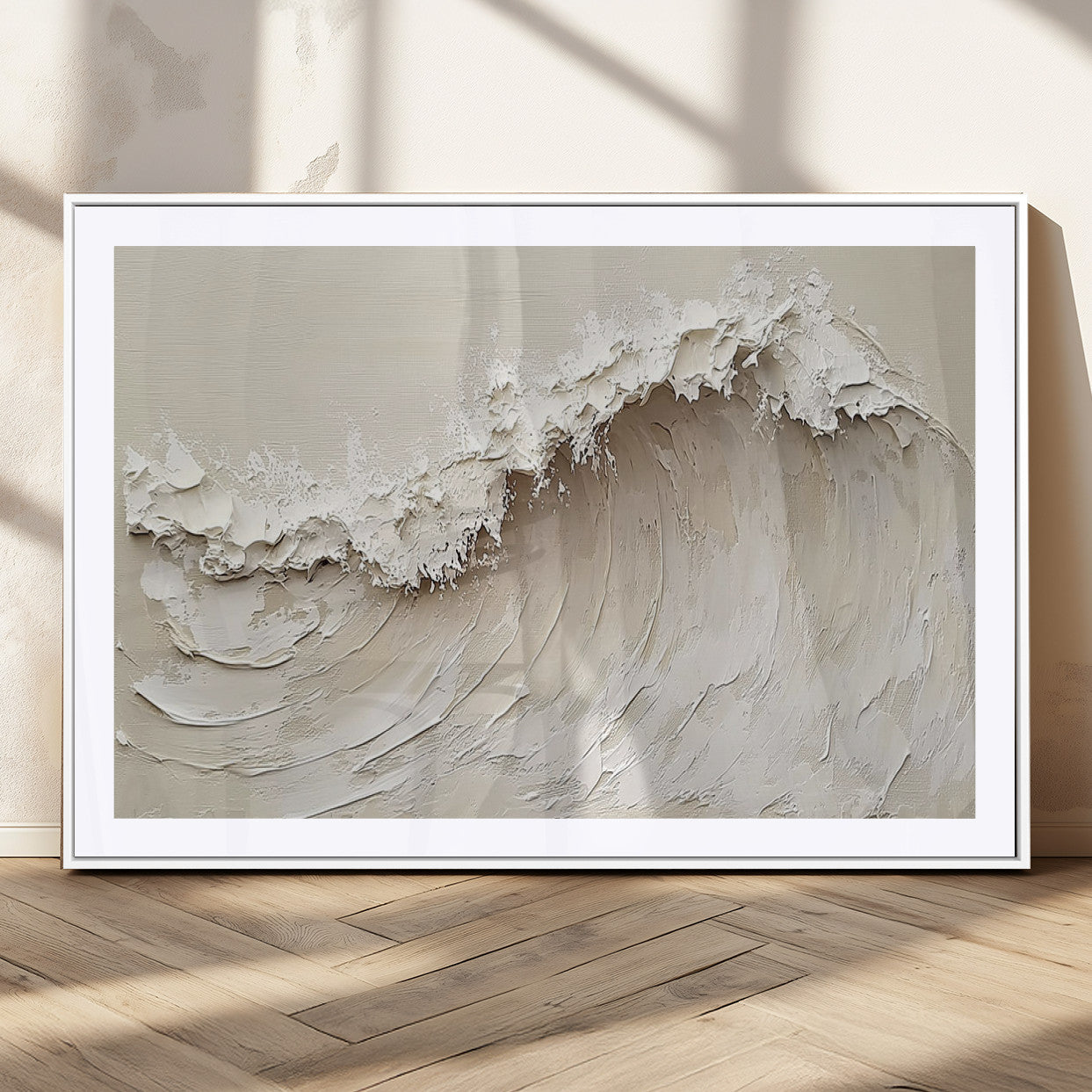Textured canvas of an abstract white ocean wave in neutral tones, ideal for modern coastal or minimalist home decor.