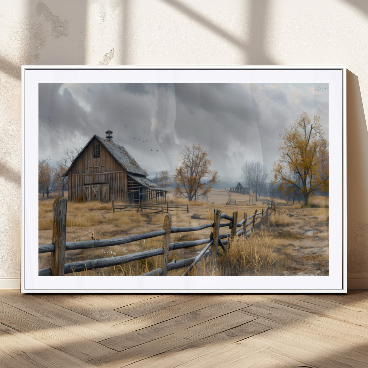 A tranquil rural scene featuring a rustic barn, overcast skies, and golden fields with scattered trees, evoking a sense of peaceful solitude in nature.