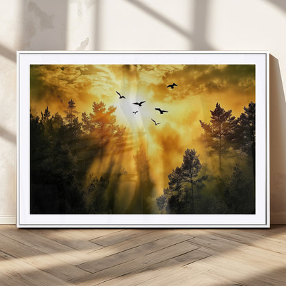Canvas of a golden forest at sunset with birds flying through glowing sunbeams and silhouetted pine trees, ideal for warm-toned rustic decor.