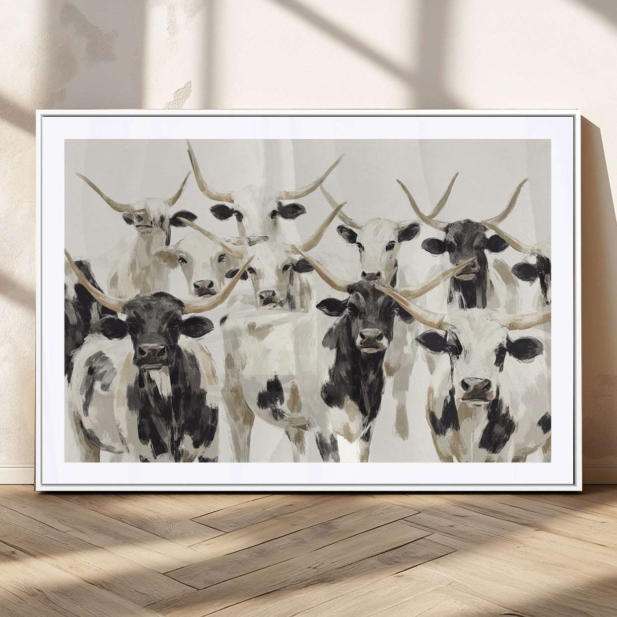 Canvas of a Texas Longhorn cattle herd in neutral black and white tones, ideal for rustic farmhouse or western-themed decor.