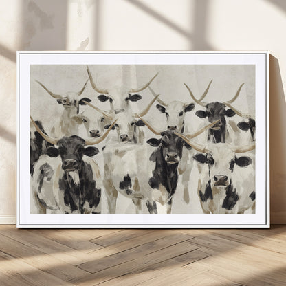 Canvas of a Texas Longhorn cattle herd in neutral black and white tones, ideal for rustic farmhouse or western-themed decor.