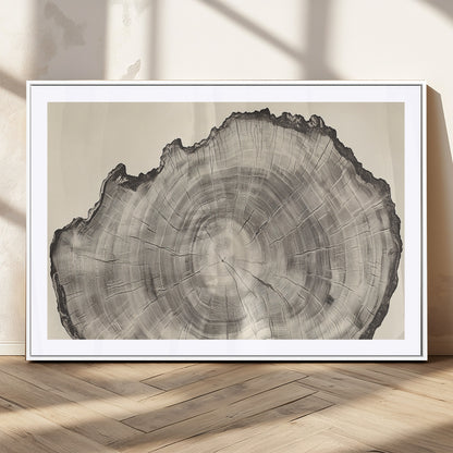 Detailed tree ring drawing in monochrome tones, ideal for rustic or nature-inspired interiors with a minimal decor aesthetic.