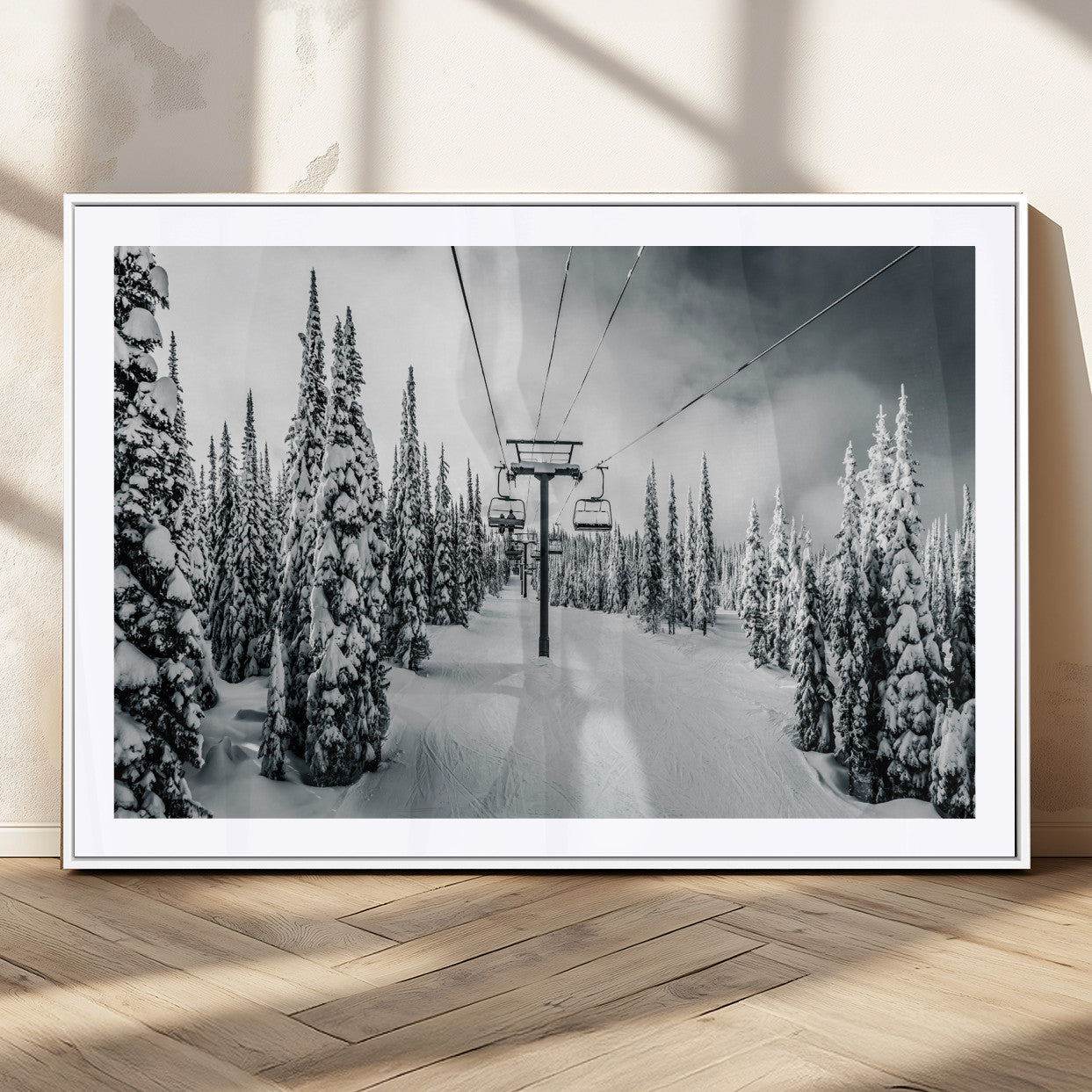Canvas of a snowy ski lift scene through a forest of tall pine trees, ideal for moody winter or alpine-themed home decor.