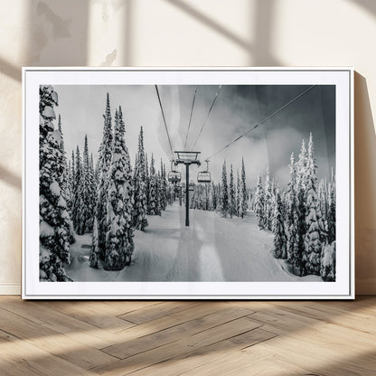 Canvas of a snowy ski lift scene through a forest of tall pine trees, ideal for moody winter or alpine-themed home decor.