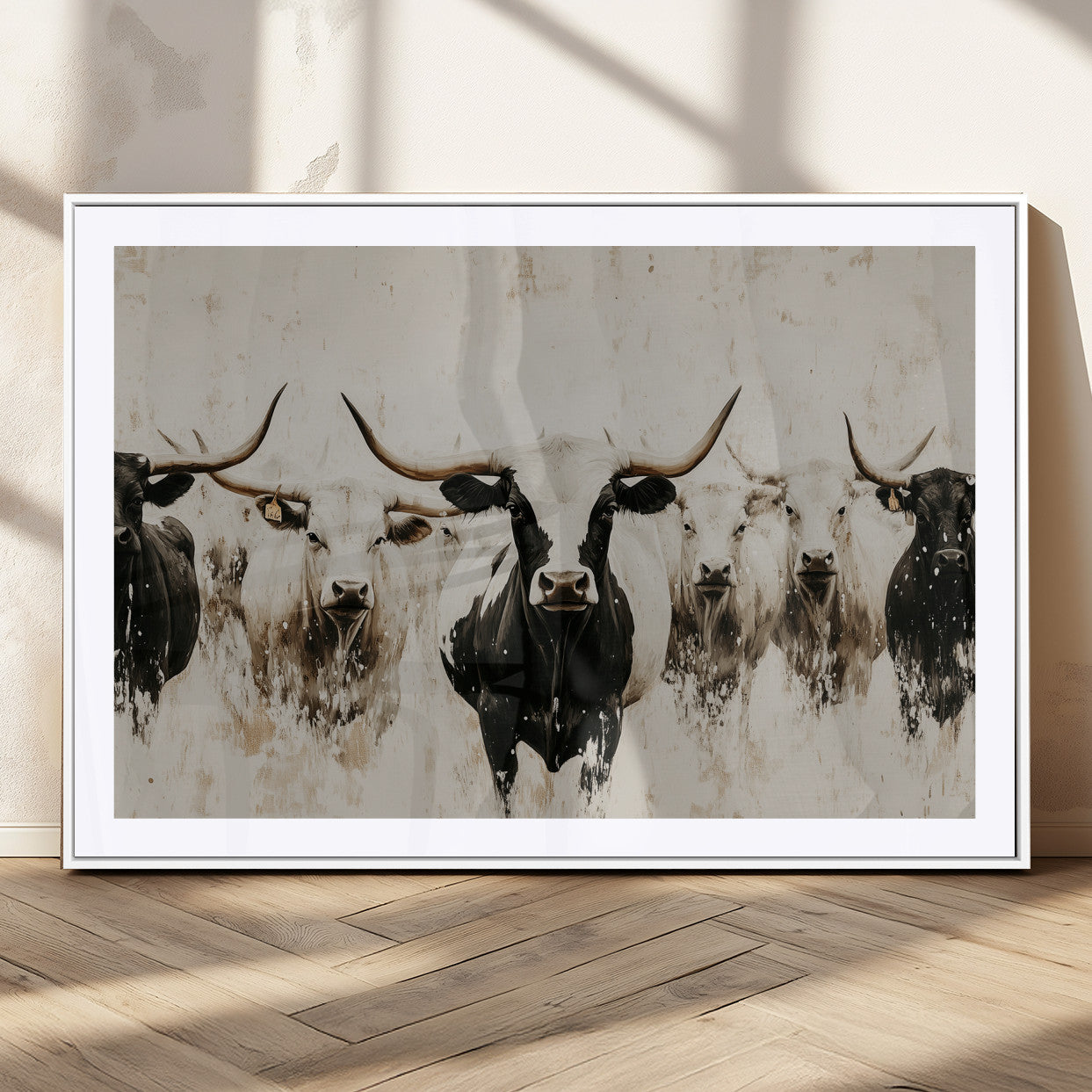 Illustrated herd of longhorn cattle in black and white tones with a neutral textured background, perfect for rustic or farmhouse-style decor.