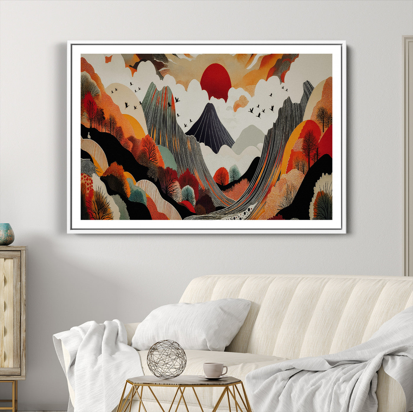 Abstract Mountain Wall Art Canvas Print, Vibrant Landscape Print, Framed Stylized Nature Drawing Art Print, Large Sunset Mountains Printing Perfect for Contemporary Minimalist Decor