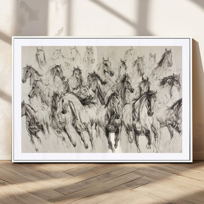 Monochrome ink sketch of galloping horses in dynamic motion, perfect for western or equine-themed wall decor with bold artistic energy.