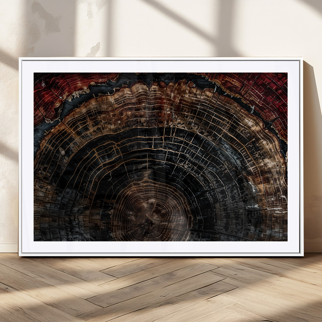 Dark Wood Wall Art Print - Petrified Tree Canvas Print, featuring an intricate tree ring pattern with deep earthy tones and organic textures, perfect for rustic and nature-inspired decor.