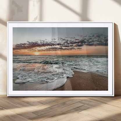 Ocean Sunset Wall Art Print - Beach Waves Canvas Print, featuring a serene seascape with golden sunlight reflecting on gentle waves, perfect for coastal and minimalist decor.