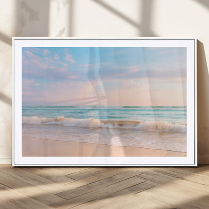 Pastel-toned ocean waves under soft sunset skies, ideal for pastel coastal or serene beach-style home decor.