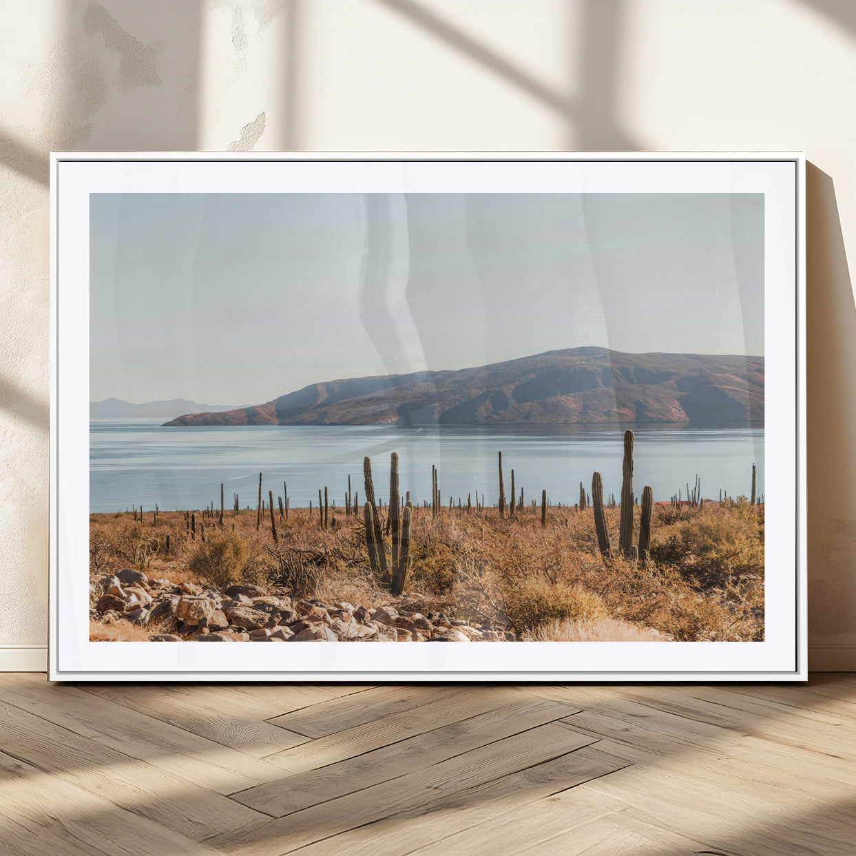 Warm desert landscape with cacti and coastal mountains, perfect for southwestern or earthy calm-themed home wall decor.
