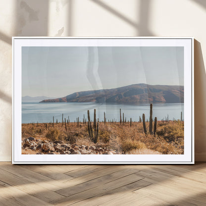 Warm desert landscape with cacti and coastal mountains, perfect for southwestern or earthy calm-themed home wall decor.