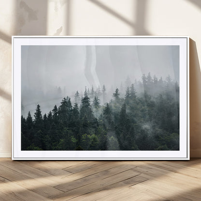 A misty evergreen forest shrouded in soft fog, creating a tranquil and moody landscape with lush green trees fading into the distance.