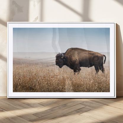 A majestic bison standing in an open prairie field, its strong form blending into the golden grass under a vast blue sky, evoking the wild spirit of the American plains.