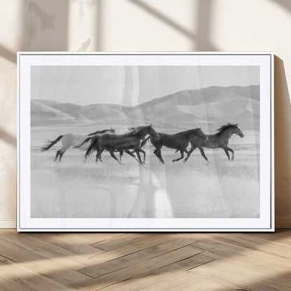 A black and white image of wild horses running freely across an open grassland, capturing the power and beauty of untamed nature in a rustic western setting.