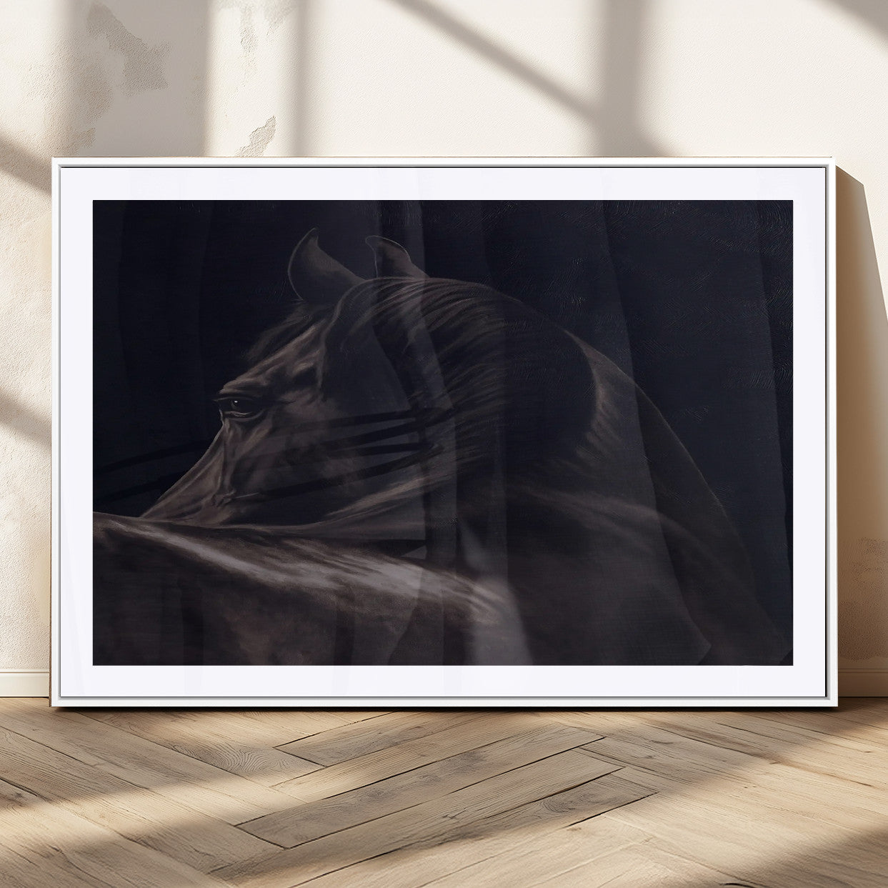 Close-up of a black horse with dramatic lighting on a dark background, perfect for rustic or masculine home decor.