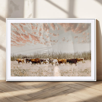 Cattle herd in a soft-toned field under a pastel pink sky, creating a peaceful rustic feel, perfect for farmhouse or western-themed spaces.
