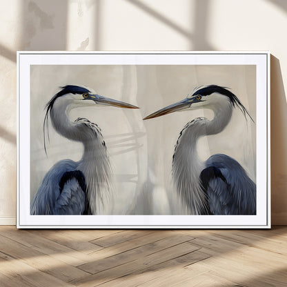 Two blue herons facing each other on a soft neutral background, ideal for coastal, tranquil, or nature-inspired minimalist interiors.